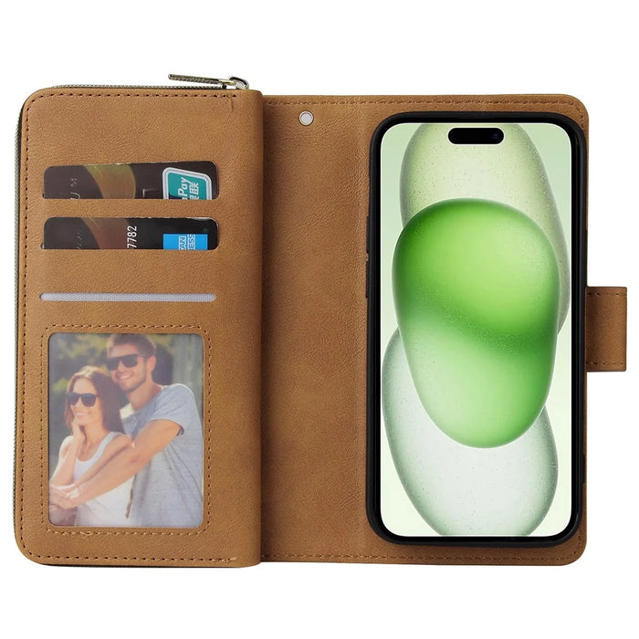 For iPhone 15 Zipper Pocket Case 9 Card Slots PU Leather Wallet Mobile Phone Stand Cover Shell - Brown - 3
