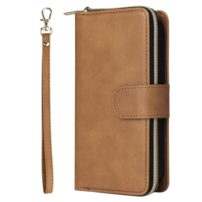 For iPhone 15 Zipper Pocket Case 9 Card Slots PU Leather Wallet Mobile Phone Stand Cover Shell - Brown - 6
