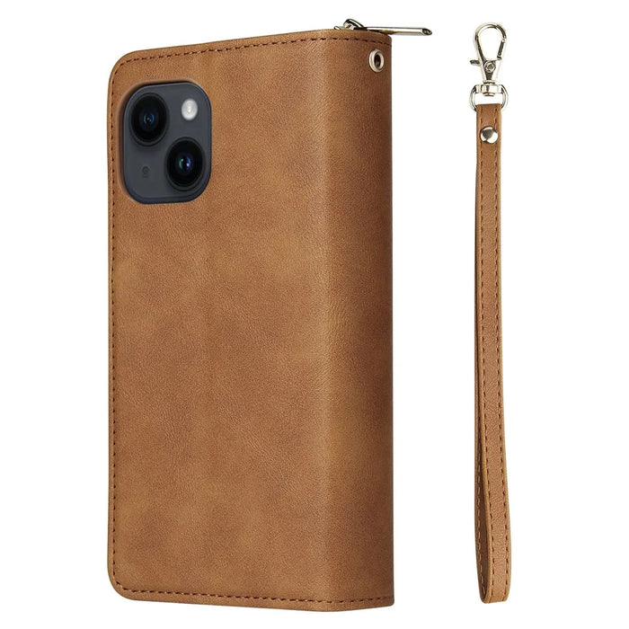 For iPhone 15 Zipper Pocket Case 9 Card Slots PU Leather Wallet Mobile Phone Stand Cover Shell - Brown - 7