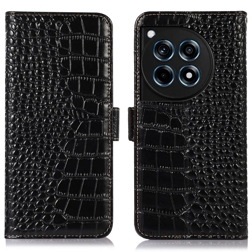 For OnePlus 12R 5G / Ace 3 5G Case RFID Blocking Genuine Cow Leather Phone Wallet Cover - Black - 1