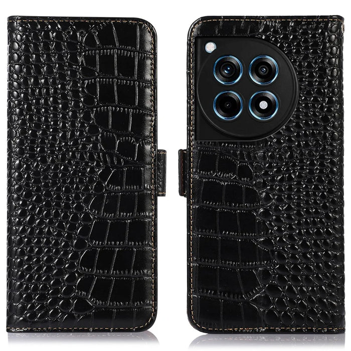 For OnePlus 12R 5G / Ace 3 5G Case RFID Blocking Genuine Cow Leather Phone Wallet Cover - Black - 1