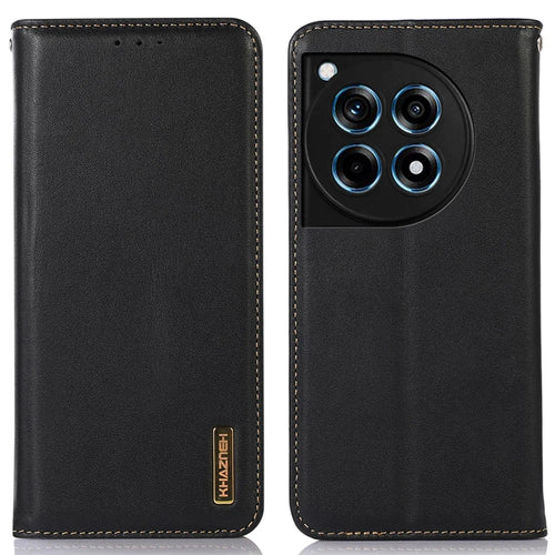KHAZNEH For OnePlus 12R 5G / Ace 3 5G Wallet Case Genuine Cow Leather Phone Stand Cover - Black - 1
