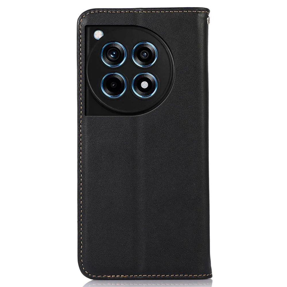 KHAZNEH For OnePlus 12R 5G / Ace 3 5G Wallet Case Genuine Cow Leather Phone Stand Cover - Black - 7