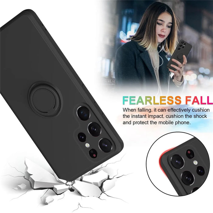 For Samsung Galaxy S24 Ultra Case with Strap Ring Holder Kickstand Phone Cover - Black - 4