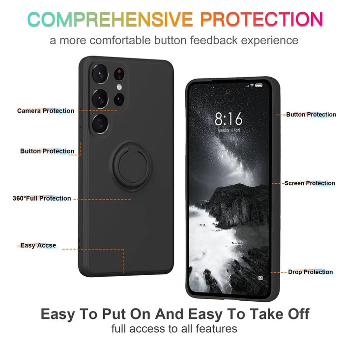 For Samsung Galaxy S24 Ultra Case with Strap Ring Holder Kickstand Phone Cover - Black - 5