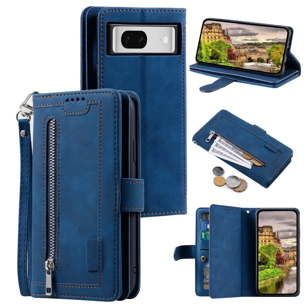 For Google Pixel 9 / Pixel 9 Pro Wallet Phone Case Zipper Leather Cover with 9 Card Slots - Blue - 1