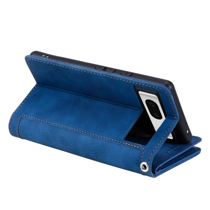 For Google Pixel 9 / Pixel 9 Pro Wallet Phone Case Zipper Leather Cover with 9 Card Slots - Blue - 4
