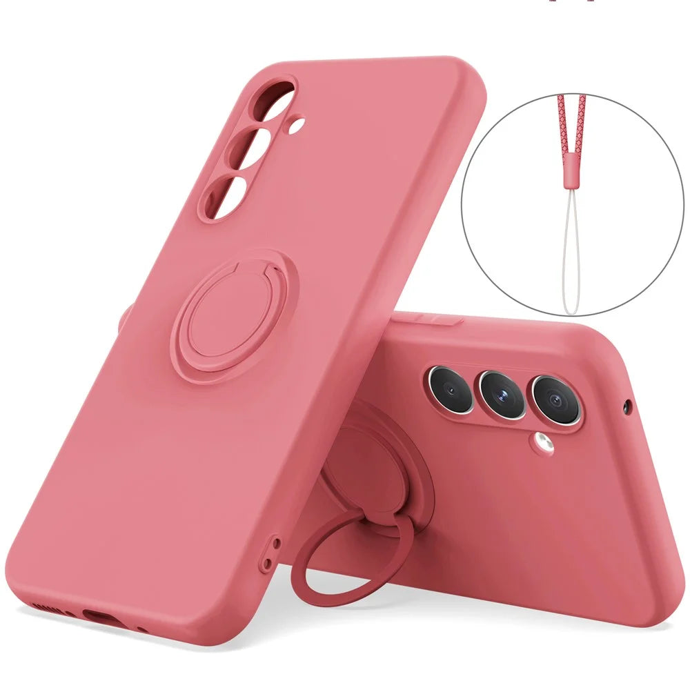 For Samsung Galaxy S23 FE Case Liquid Silicone Ring Holder Kickstand BackCover with Lanyard - Wine Red - 1