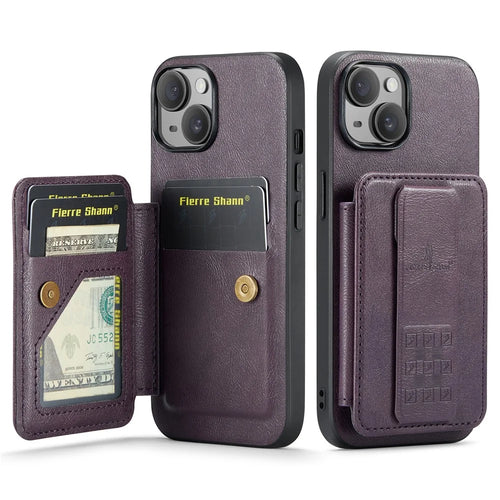 For iPhone 15 Case Waxy Leather+TPU Phone Cover with RFID Blocking Card Slots Kickstand - Purple - 1