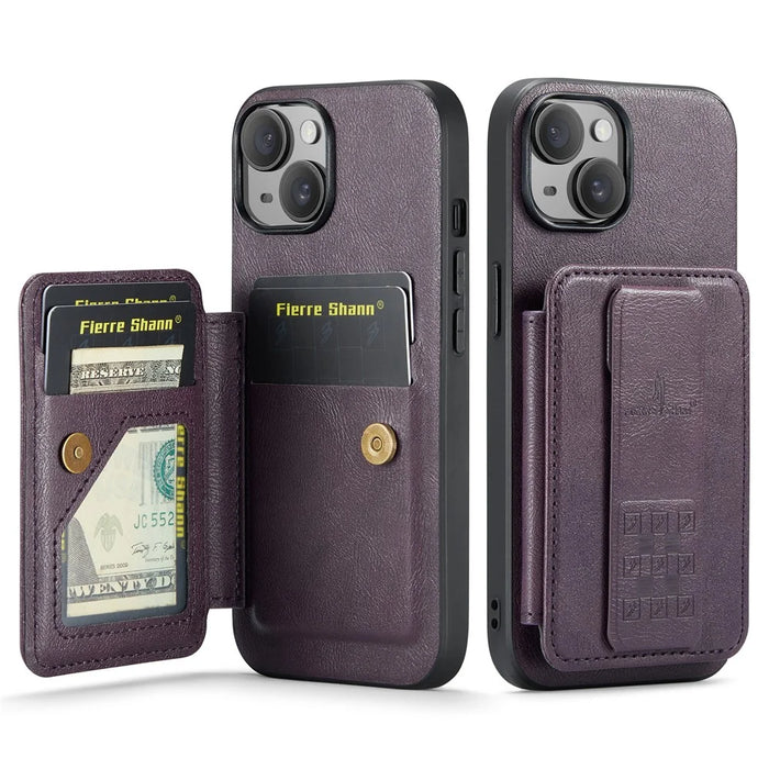For iPhone 15 Case Waxy Leather+TPU Phone Cover with RFID Blocking Card Slots Kickstand - Purple - 1