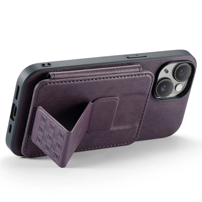 For iPhone 15 Case Waxy Leather+TPU Phone Cover with RFID Blocking Card Slots Kickstand - Purple - 3