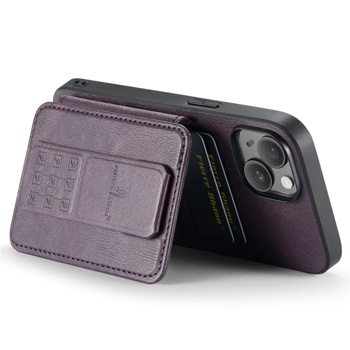 For iPhone 15 Case Waxy Leather+TPU Phone Cover with RFID Blocking Card Slots Kickstand - Purple - 4
