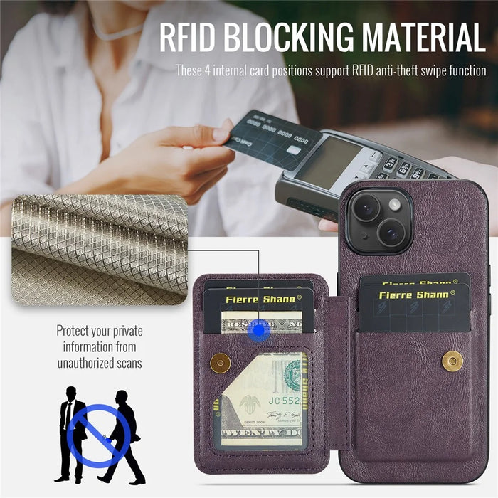 For iPhone 15 Case Waxy Leather+TPU Phone Cover with RFID Blocking Card Slots Kickstand - Purple - 5