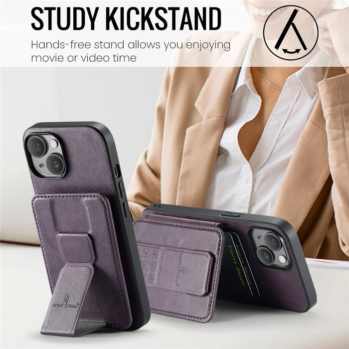 For iPhone 15 Case Waxy Leather+TPU Phone Cover with RFID Blocking Card Slots Kickstand - Purple - 6
