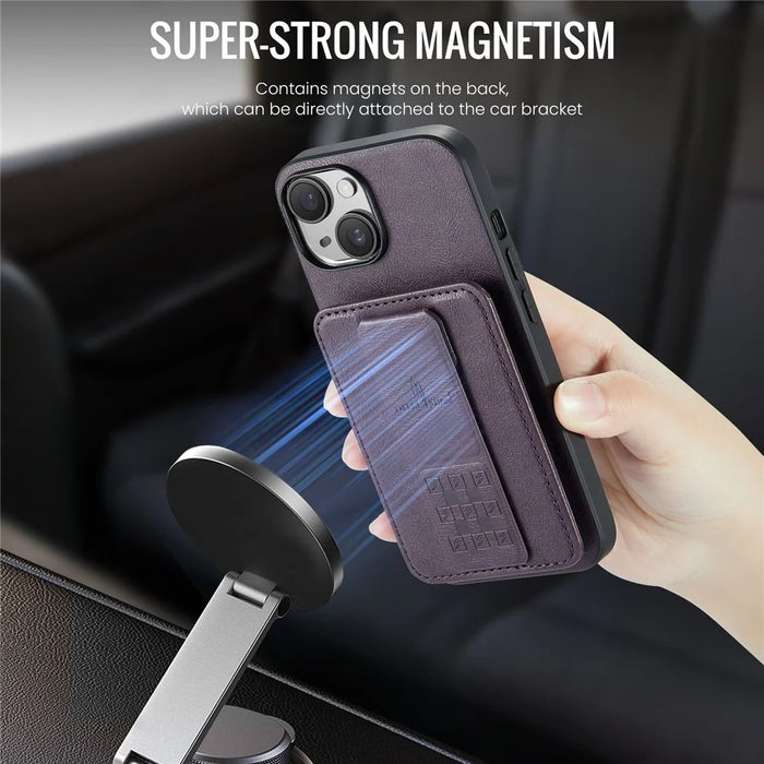 For iPhone 15 Case Waxy Leather+TPU Phone Cover with RFID Blocking Card Slots Kickstand - Purple - 7