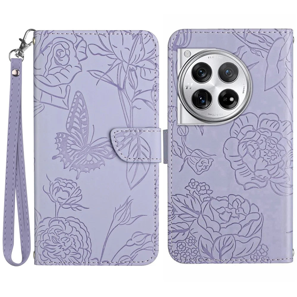 HT03 For OnePlus 12R 5G / Ace 3 5G Phone Case Imprinted Leather Cover with Hand Strap - Purple - 1