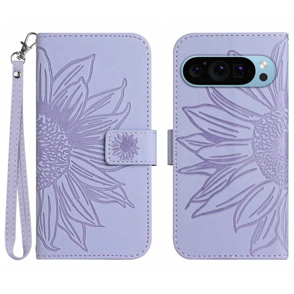 HT04 For Google Pixel 10 Pro XL / 9 Pro XL Sunflower Case with Strap Wallet Leather Phone Cover - Light Purple - 1