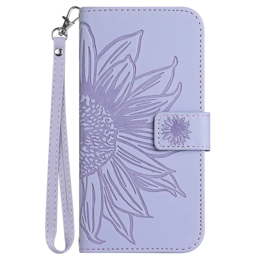 HT04 For Google Pixel 10 Pro XL / 9 Pro XL Sunflower Case with Strap Wallet Leather Phone Cover - Light Purple - 7