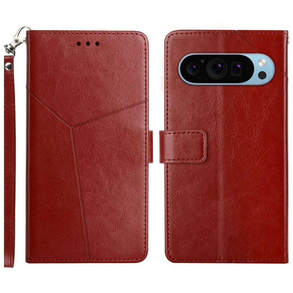 For Google Pixel 10 Pro XL / 9 Pro XL Case with Wrist Strap Y Shaped Lines Imprint Leather Phone Cover - Brown - 1