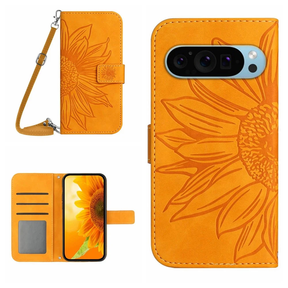 HT04 For Google Pixel 10 Pro XL / 9 Pro XL Leather Case Crossbody Phone Cover with Wallet Stand - Yellow - 1