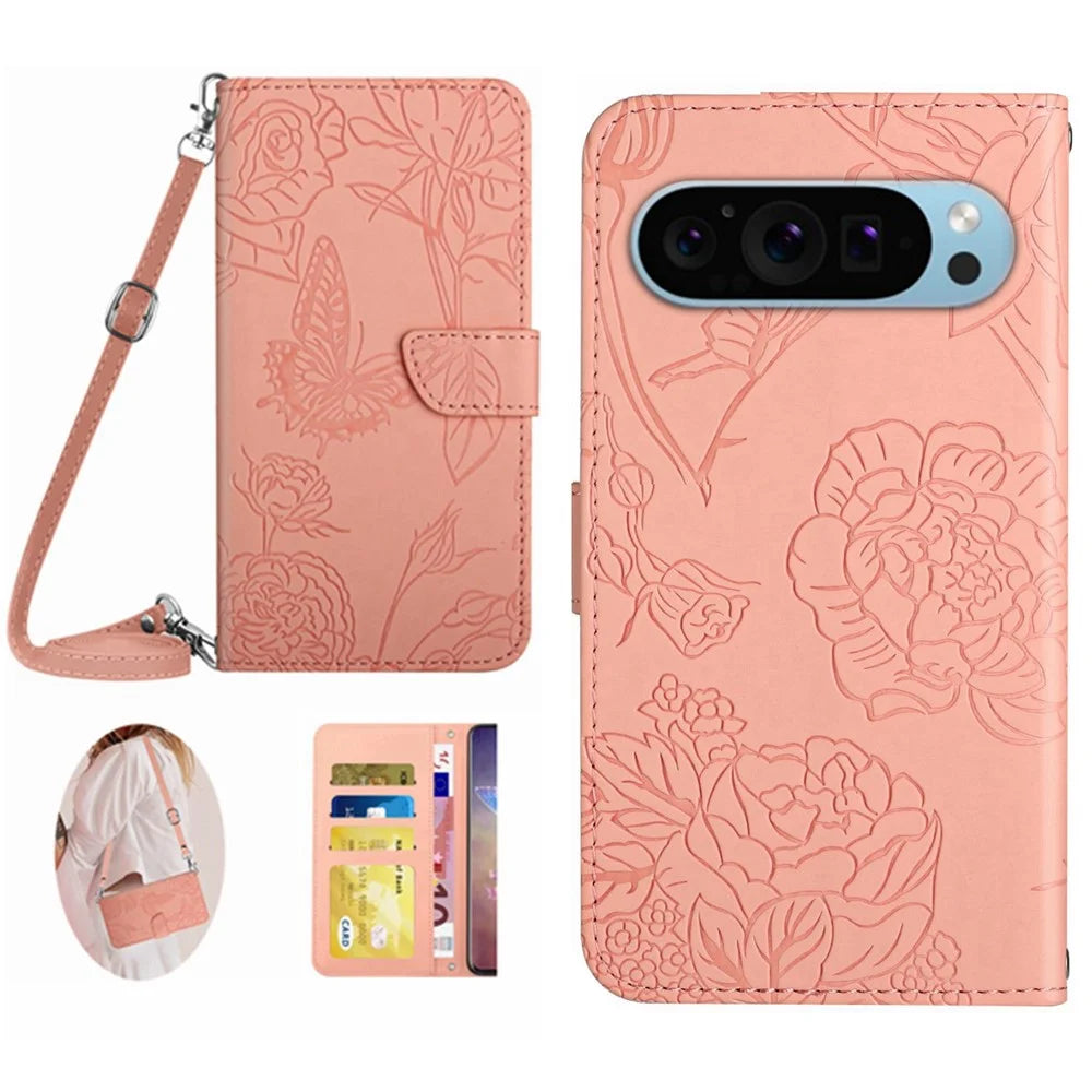 HT03 For Google Pixel 10 Pro XL / 9 Pro XL Case Flower Imprinted Leather Skin-Touch Phone Cover - Pink - 1