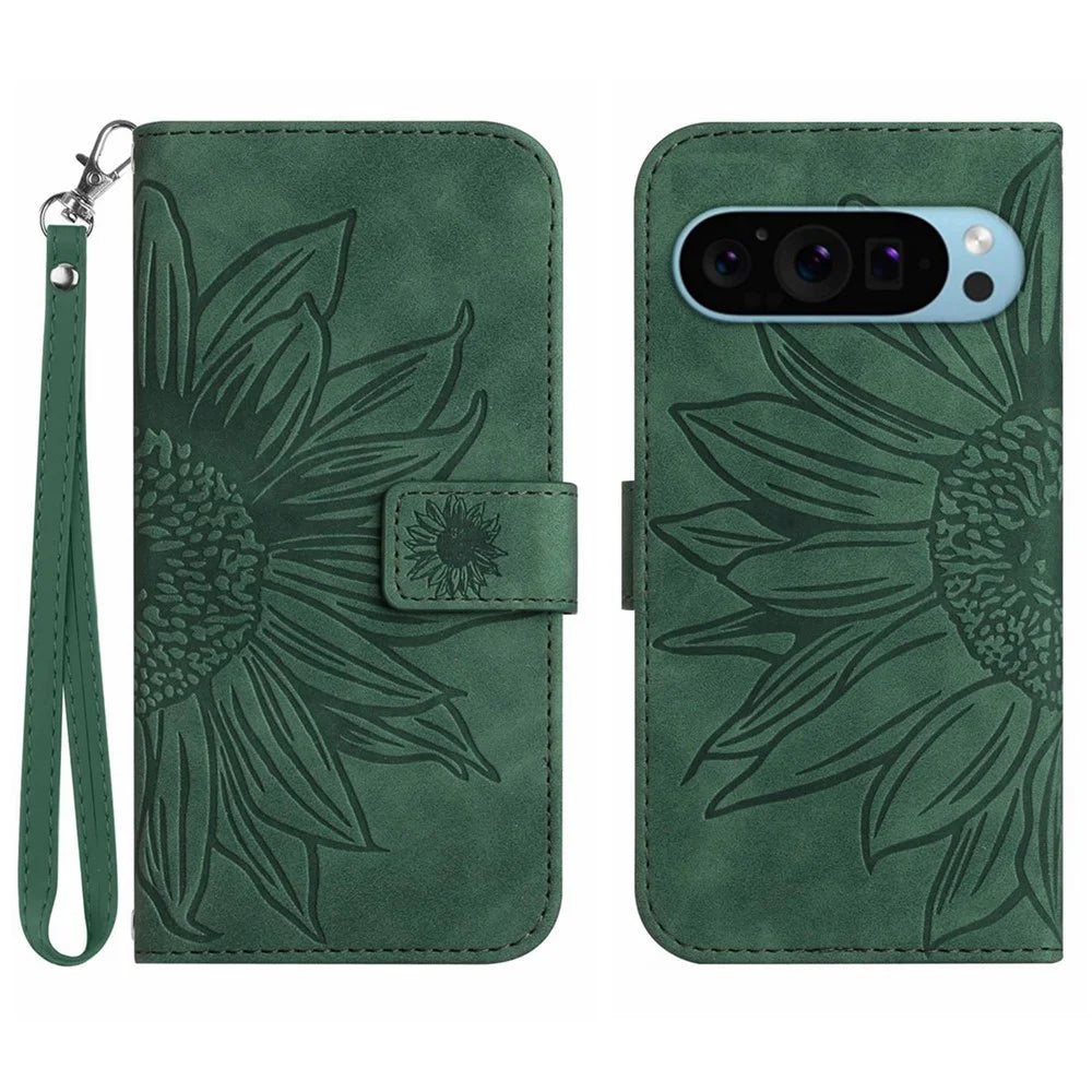 HT04 For Google Pixel 10 Pro / 10 / 9 / 9 Pro Case Sunflower Leather Phone Cover with Wallet Stand - Dark Green - 1