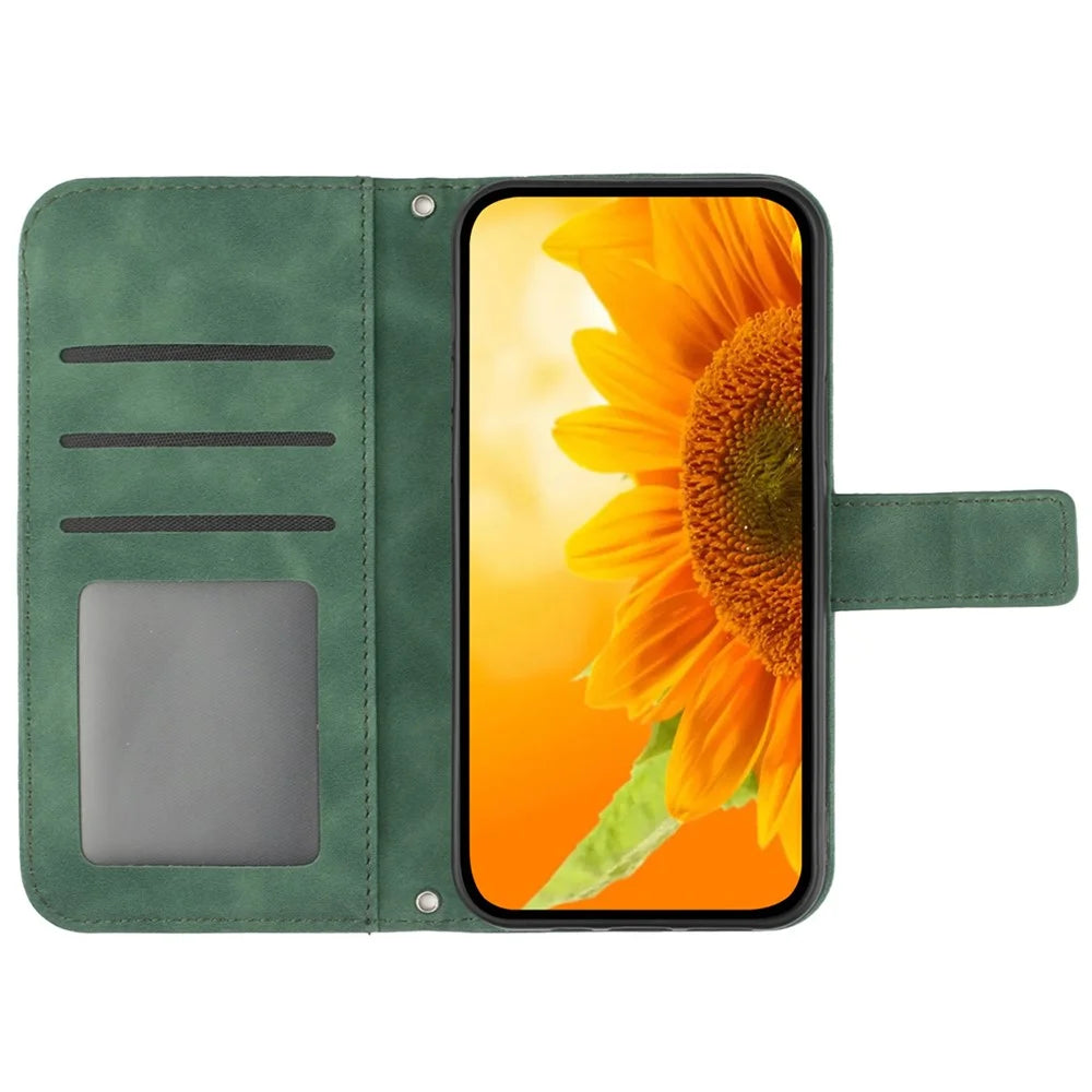 HT04 For Google Pixel 10 Pro / 10 / 9 / 9 Pro Case Sunflower Leather Phone Cover with Wallet Stand - Dark Green - 2