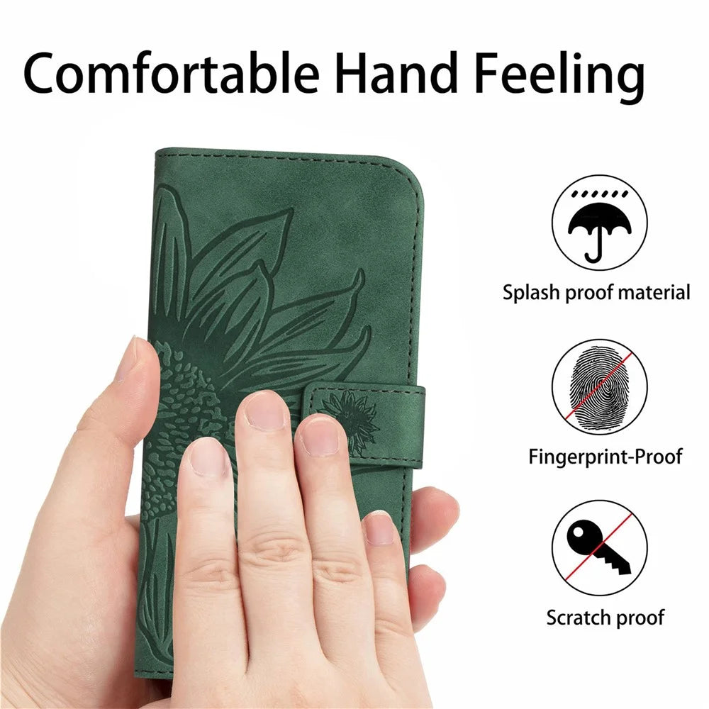 HT04 For Google Pixel 10 Pro / 10 / 9 / 9 Pro Case Sunflower Leather Phone Cover with Wallet Stand - Dark Green - 4