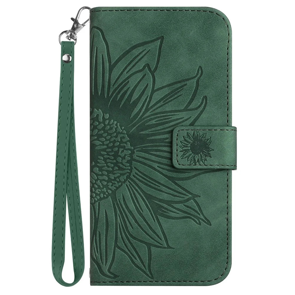 HT04 For Google Pixel 10 Pro / 10 / 9 / 9 Pro Case Sunflower Leather Phone Cover with Wallet Stand - Dark Green - 7