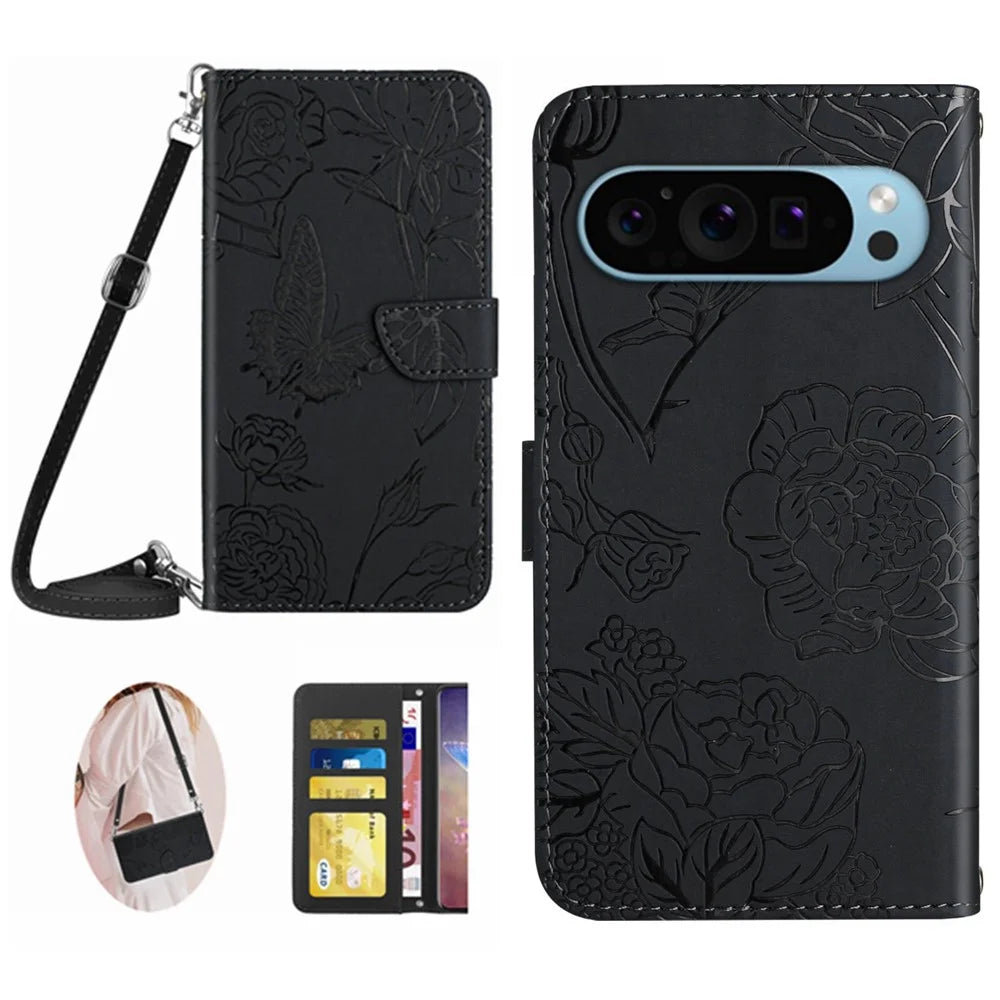 HT03 For Google Pixel 10 Pro / 10 / 9 / 9 Pro Case Imprinted Leather Wallet Phone Cover with Shoulder Strap - Black - 1