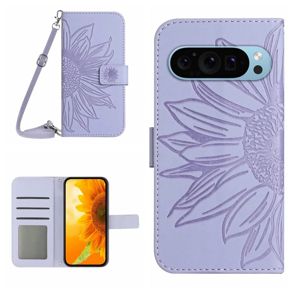 HT04 For Google Pixel 10 Pro / 10 / 9 / 9 Pro Case with Shoulder Strap Sunflower Wallet Phone Cover - Light Purple - 1