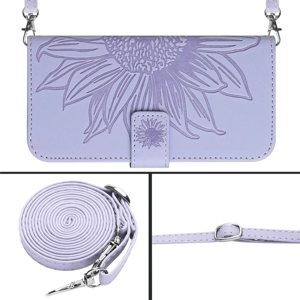HT04 For Google Pixel 10 Pro / 10 / 9 / 9 Pro Case with Shoulder Strap Sunflower Wallet Phone Cover - Light Purple - 7
