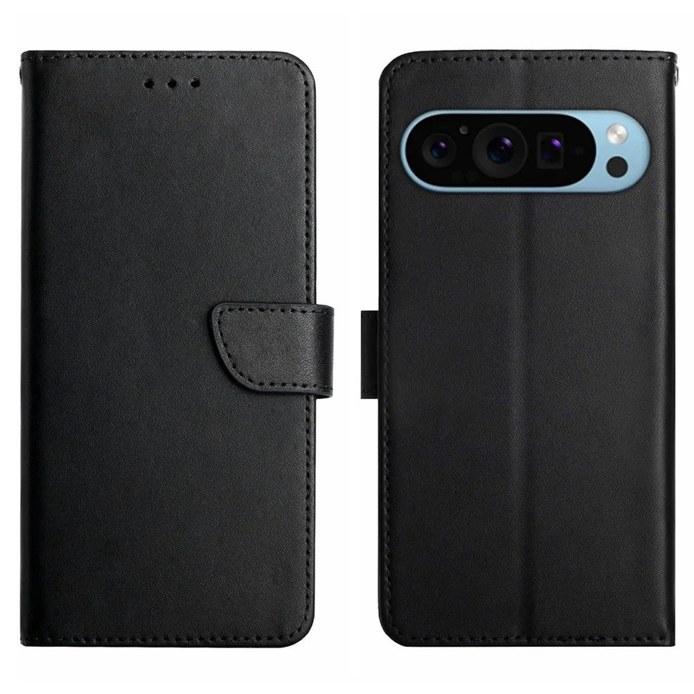 HT02 For Google Pixel 9 / Pixel 9 Pro Case Genuine Cow Leather Wallet Flip Phone Cover - Black - 1