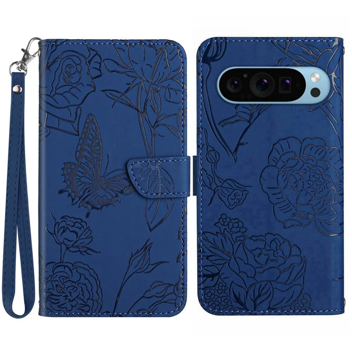 HT03 For Google Pixel 10 Pro / 10 / 9 / 9 Pro Case Butterfly Flower Shockproof Phone Cover Wallet - Blue - 1