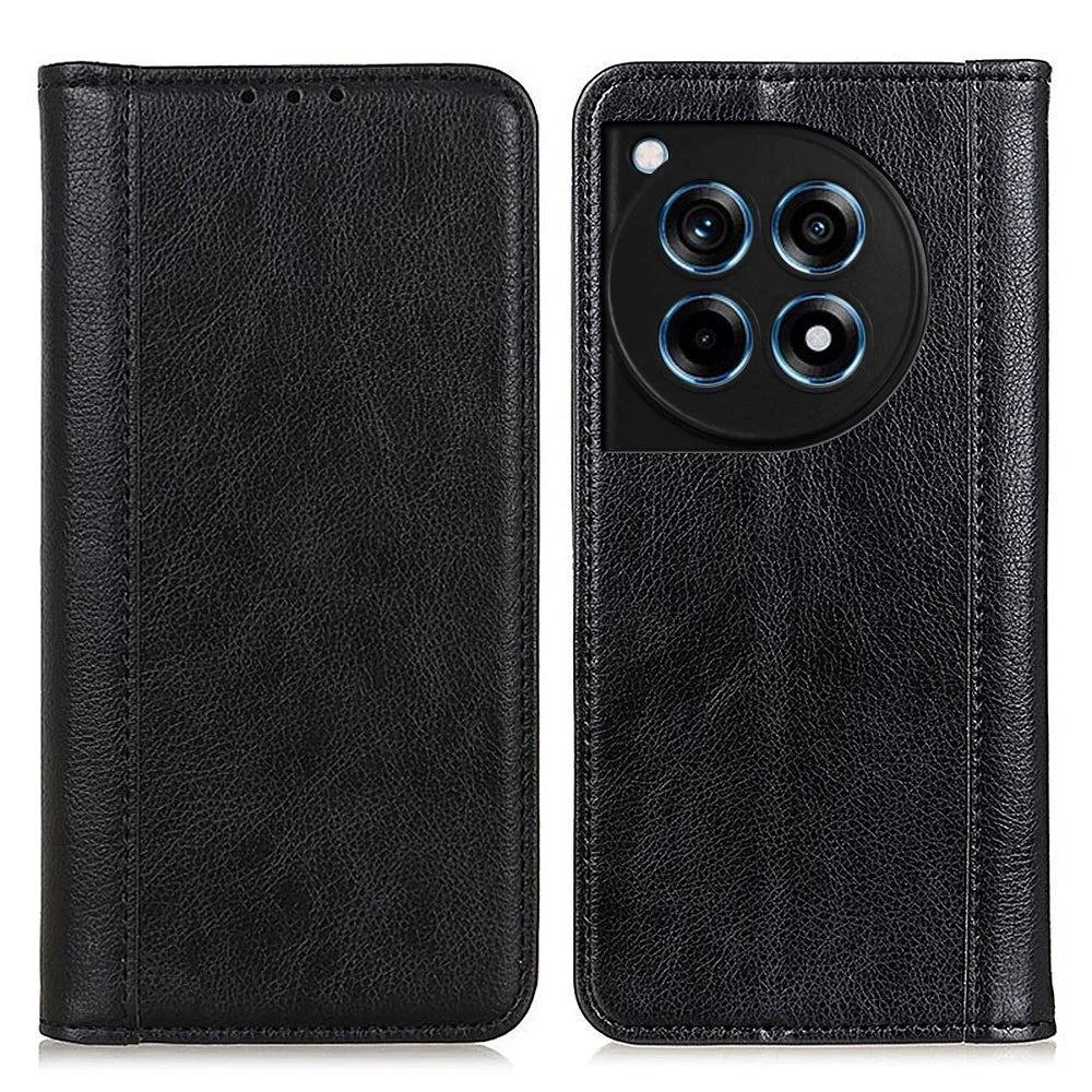 For OnePlus 12R 5G / Ace 3 5G Case Split Leather Flip Wallet Stand Cover Litchi Texture - Black - 1