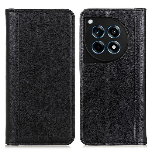 For OnePlus 12R 5G / Ace 3 5G Case Split Leather Flip Wallet Stand Cover Litchi Texture - Black - 1