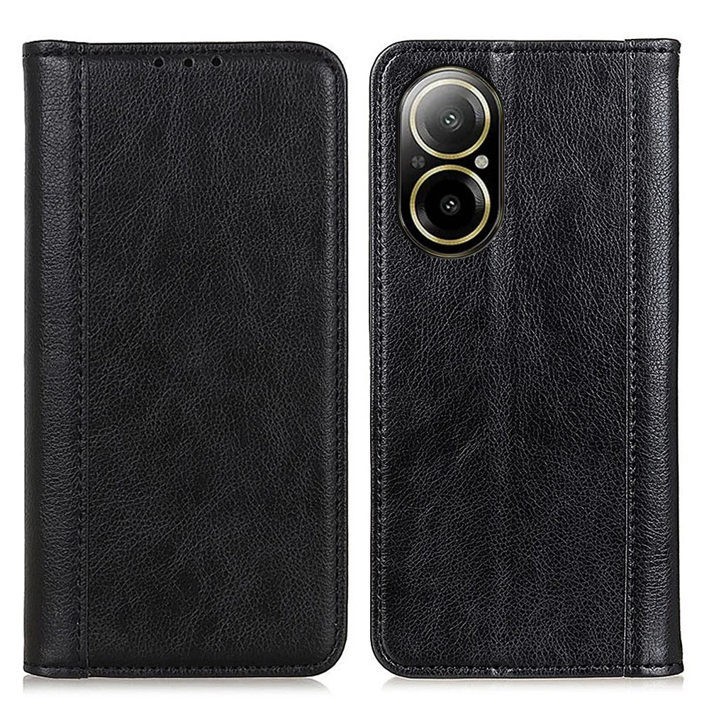 For Realme C67 4G Case Split Leather Magnetic Auto Closing Wallet Phone Cover - Black - 1