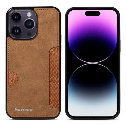 FORWENW F5 Series For iPhone 15 Pro Max Case Leather+TPU Phone Cover with Card Holder - Brown - 1