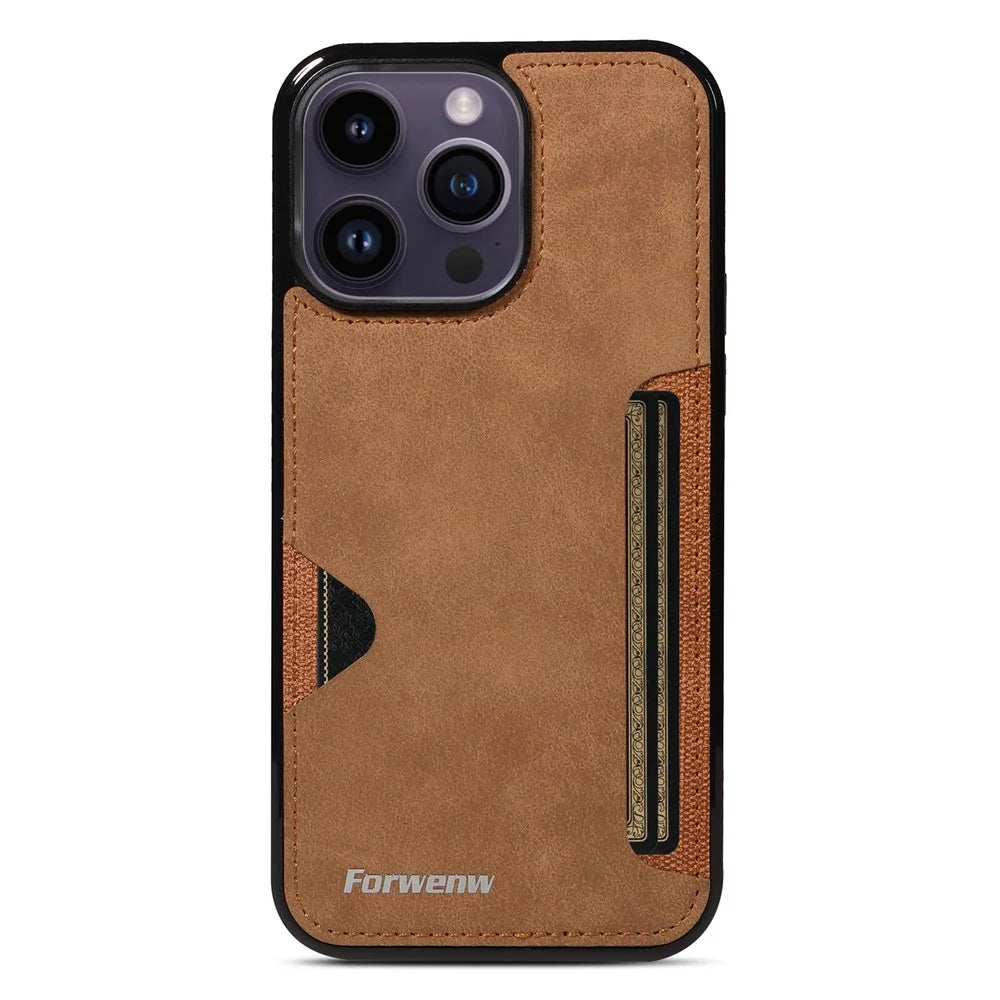 FORWENW F5 Series For iPhone 15 Pro Max Case Leather+TPU Phone Cover with Card Holder - Brown - 2