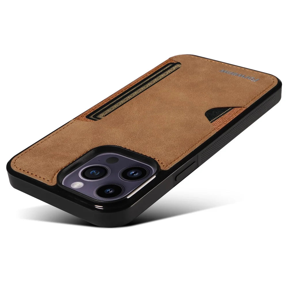 FORWENW F5 Series For iPhone 15 Pro Max Case Leather+TPU Phone Cover with Card Holder - Brown - 3