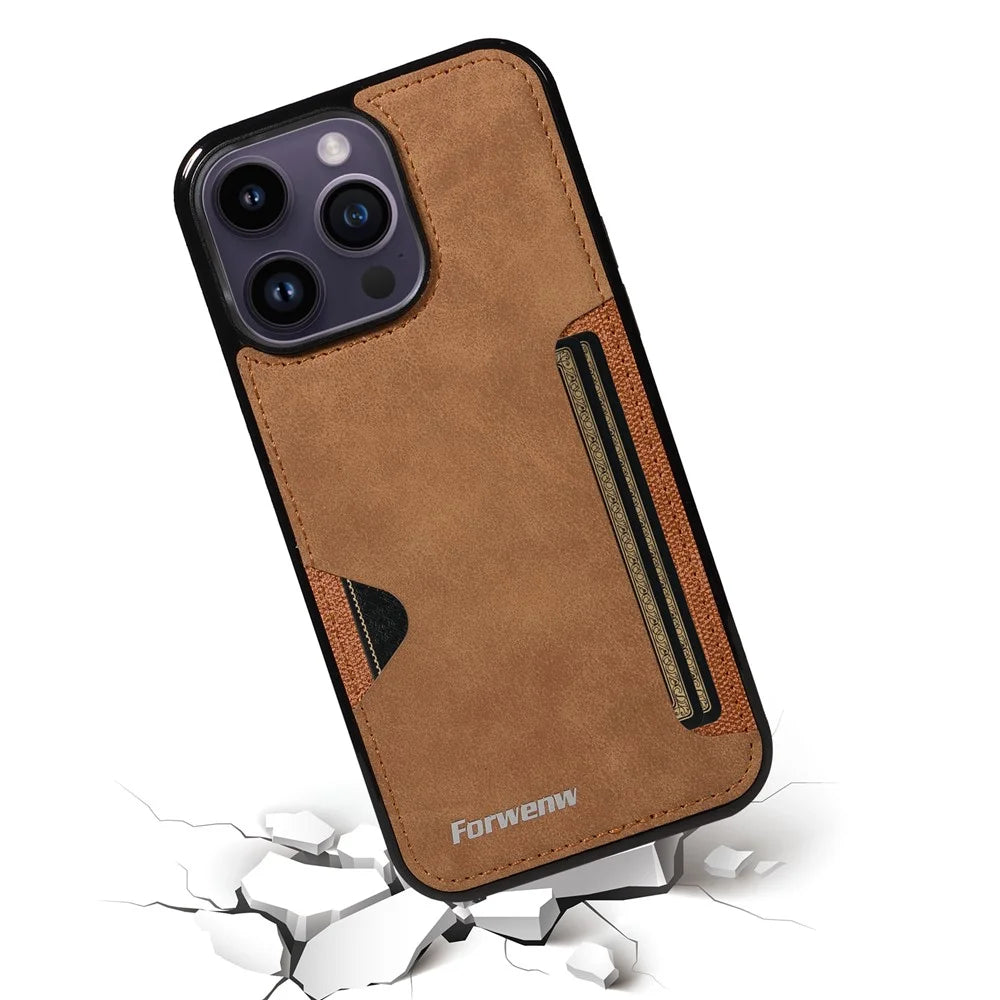 FORWENW F5 Series For iPhone 15 Pro Max Case Leather+TPU Phone Cover with Card Holder - Brown - 4