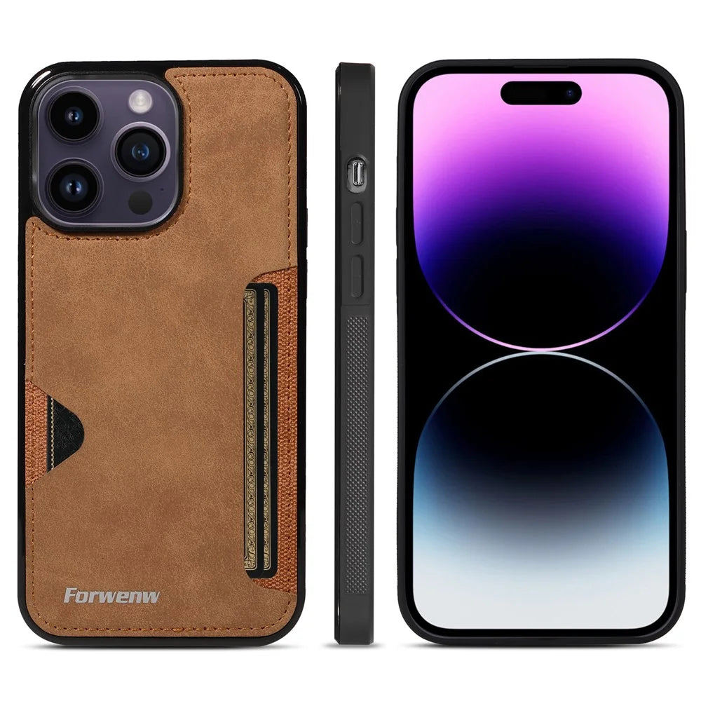 FORWENW F5 Series For iPhone 15 Pro Max Case Leather+TPU Phone Cover with Card Holder - Brown - 5