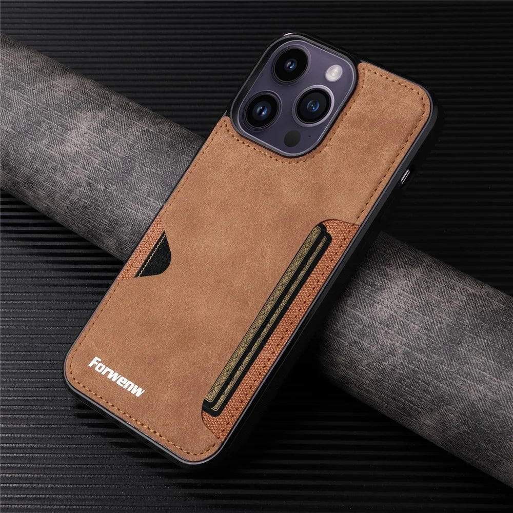 FORWENW F5 Series For iPhone 15 Pro Max Case Leather+TPU Phone Cover with Card Holder - Brown - 7