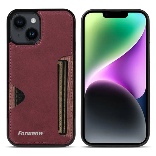 FORWENW F5 Series For iPhone 15 Card Holder Case Leather+TPU Phone Cover - Wine Red - 1