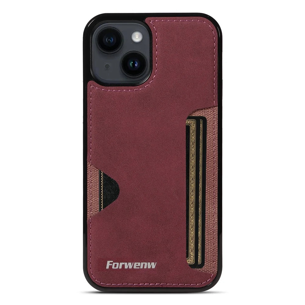 FORWENW F5 Series For iPhone 15 Plus Protective Case Leather+TPU Phone Case with Card Holder - Wine Red - 2
