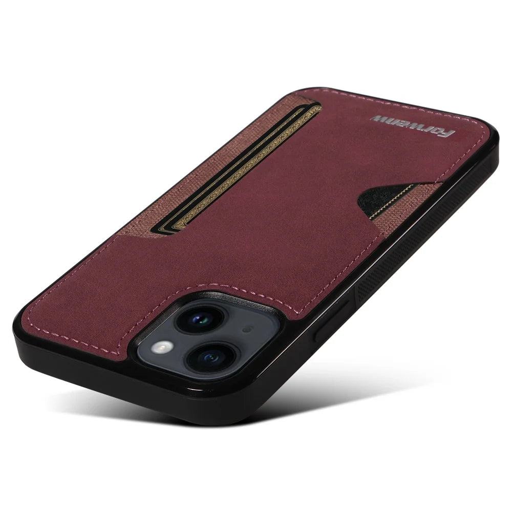 FORWENW F5 Series For iPhone 15 Plus Protective Case Leather+TPU Phone Case with Card Holder - Wine Red - 3