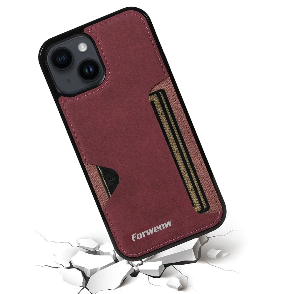 FORWENW F5 Series For iPhone 15 Plus Protective Case Leather+TPU Phone Case with Card Holder - Wine Red - 4