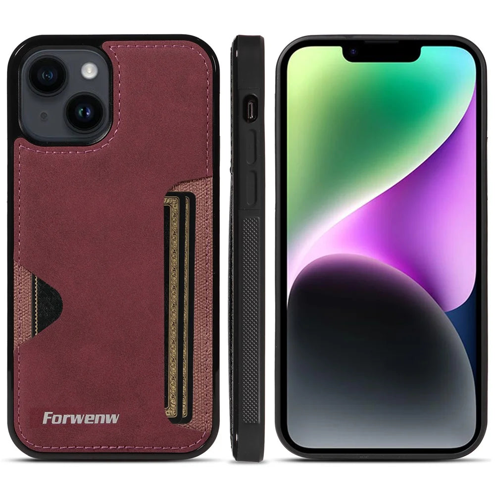 FORWENW F5 Series For iPhone 15 Plus Protective Case Leather+TPU Phone Case with Card Holder - Wine Red - 5