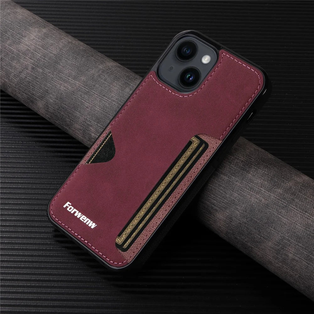 FORWENW F5 Series For iPhone 15 Plus Protective Case Leather+TPU Phone Case with Card Holder - Wine Red - 7