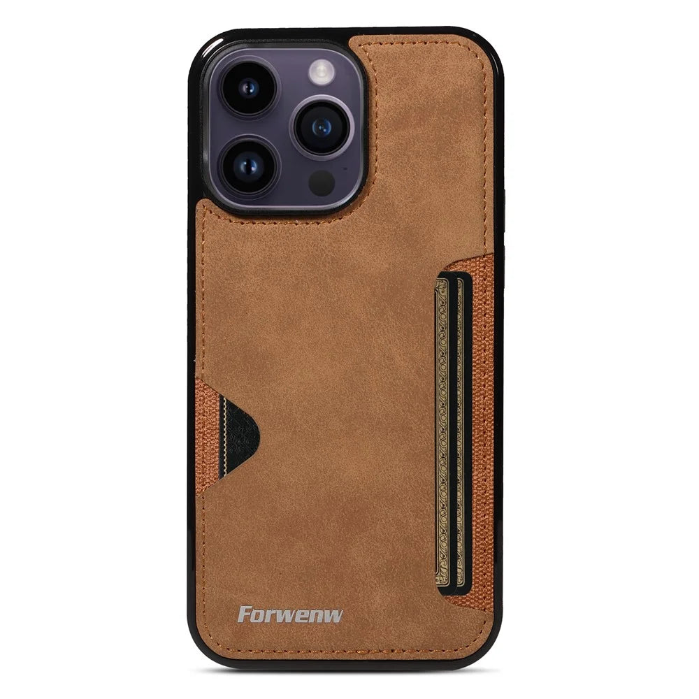 FORWENW F5 Series For iPhone 15 Pro Case Card Holder Leather+TPU Phone Cover - Brown - 2